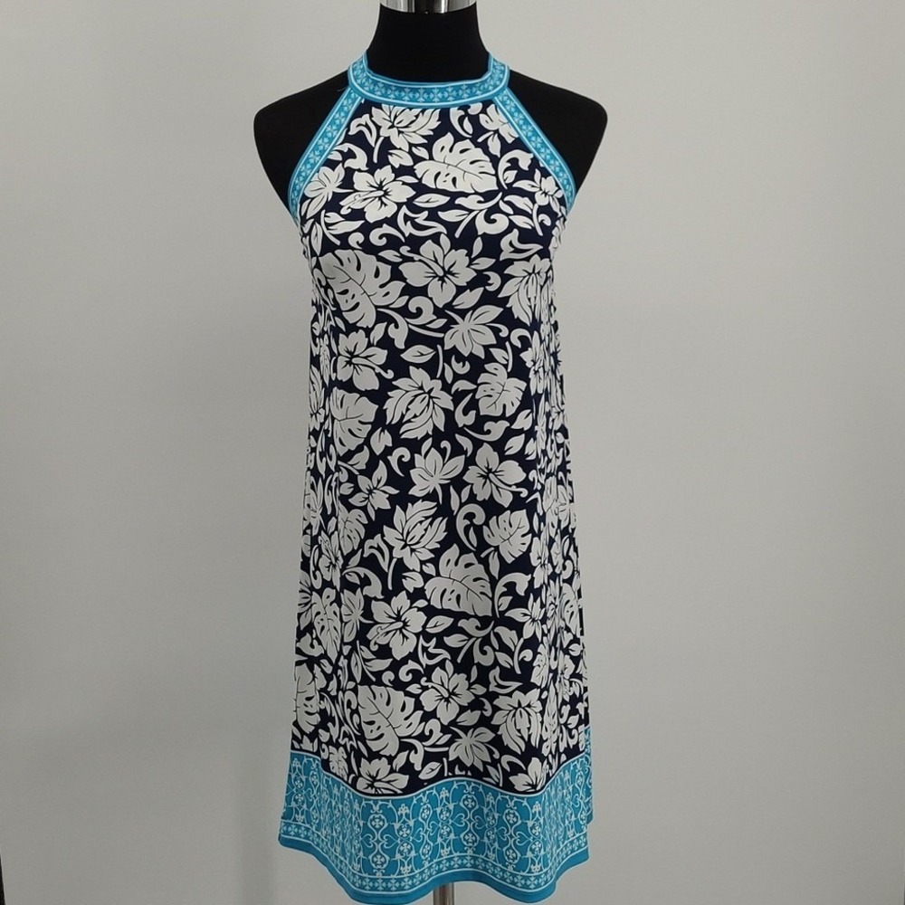 Max Studio Tropical‎ Floral Halter Dress Navy Turquoise Monstera Print 5902W65 S